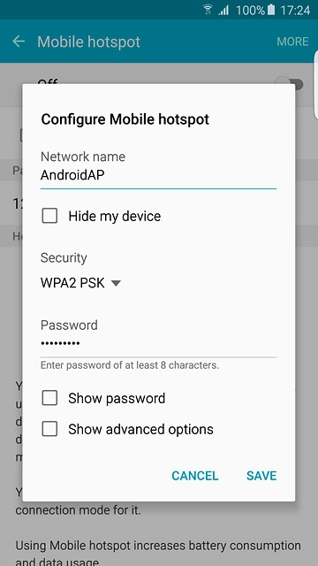 Key in the required name for the Wi-Fi hotspot.Press the drop down list below 