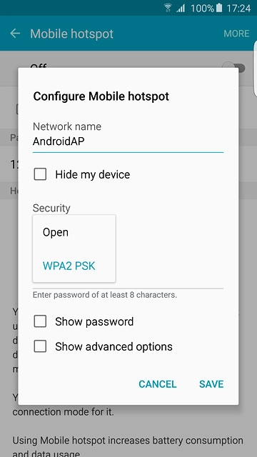 If you don't want to password protect your hotspot:Press Open.