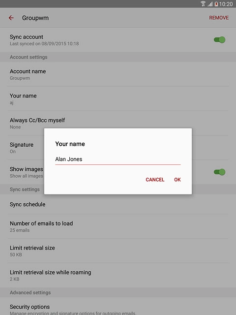 Key in the required sender name and press OK.
