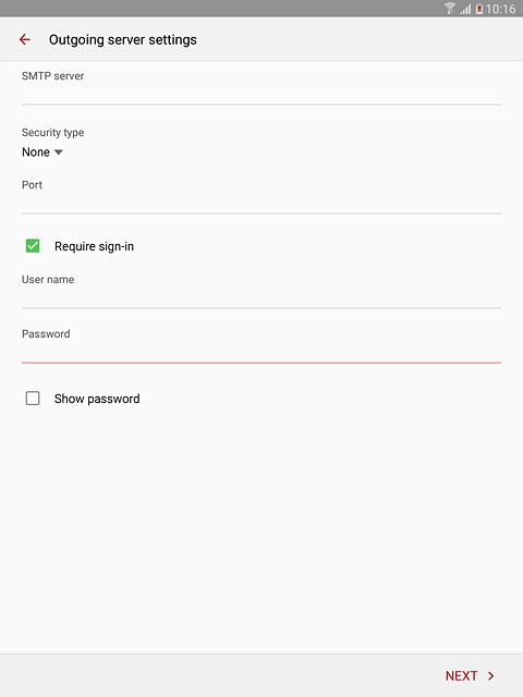 Press NEXT.Please note that if you're using Vodafone's outgoing server, turn off SMTP authentication and leave the username and password fields empty.