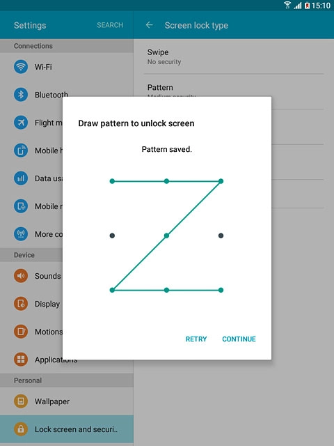 Press CONTINUE.Repeat the selected lock code to confirm.