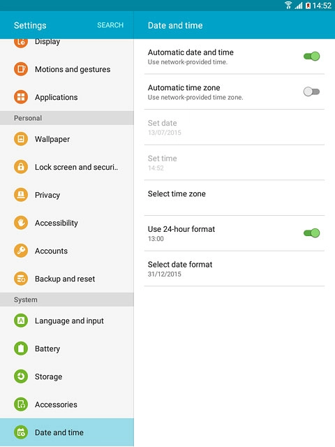 Press Automatic date and time until the function is turned on.