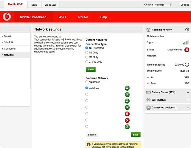 Your router searches for networks within range.Highlight the required network and click Save.The screen will tell you if you have access to the network you've chosen.