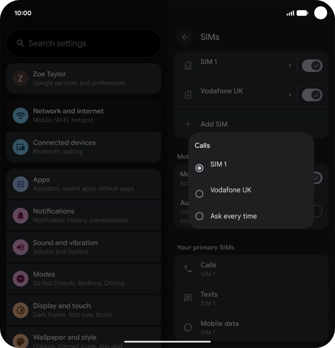 Press the required setting.