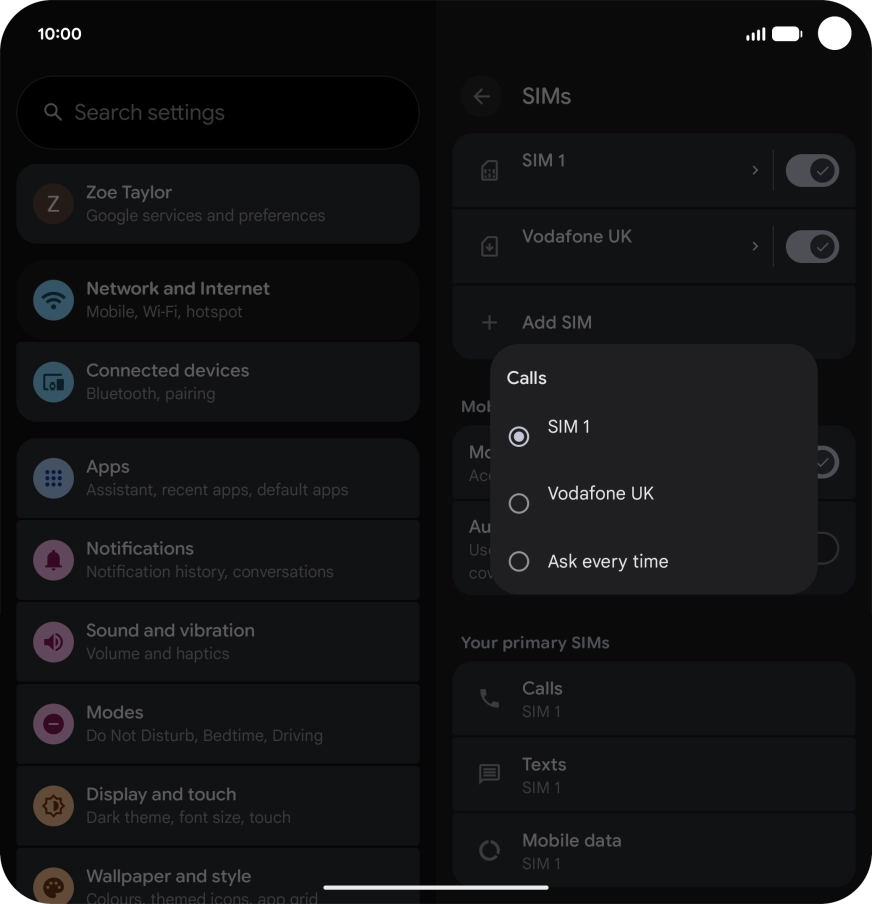 Press the required setting.