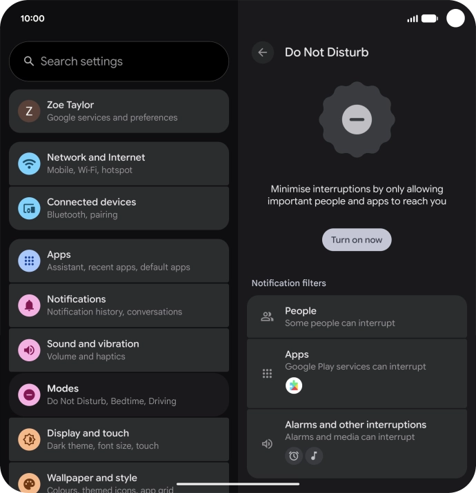 Press Turn on now to turn the function on or off.