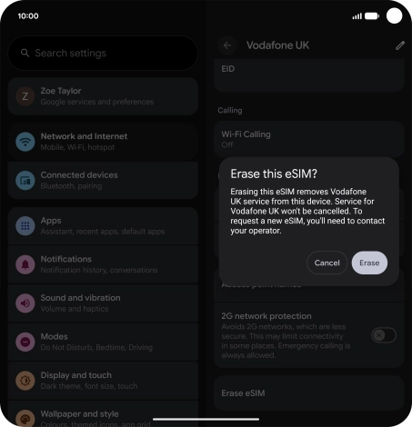 Press Erase and follow the instructions on the screen to delete your eSIM.