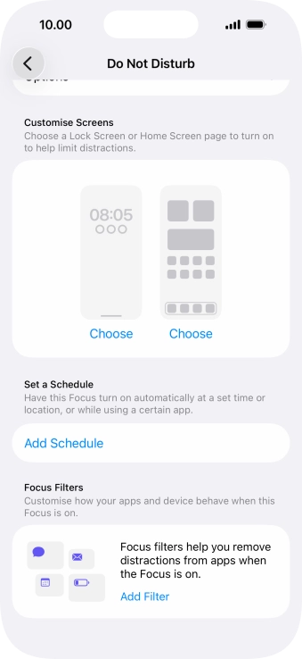 Press Add Schedule and follow the instructions on the screen to select settings for automatic activation of Do Not Disturb.