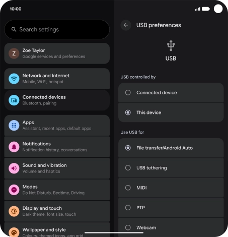 Press File transfer/Android Auto.