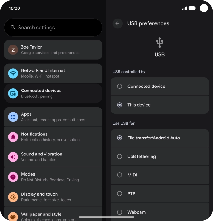 Press File transfer/Android Auto.