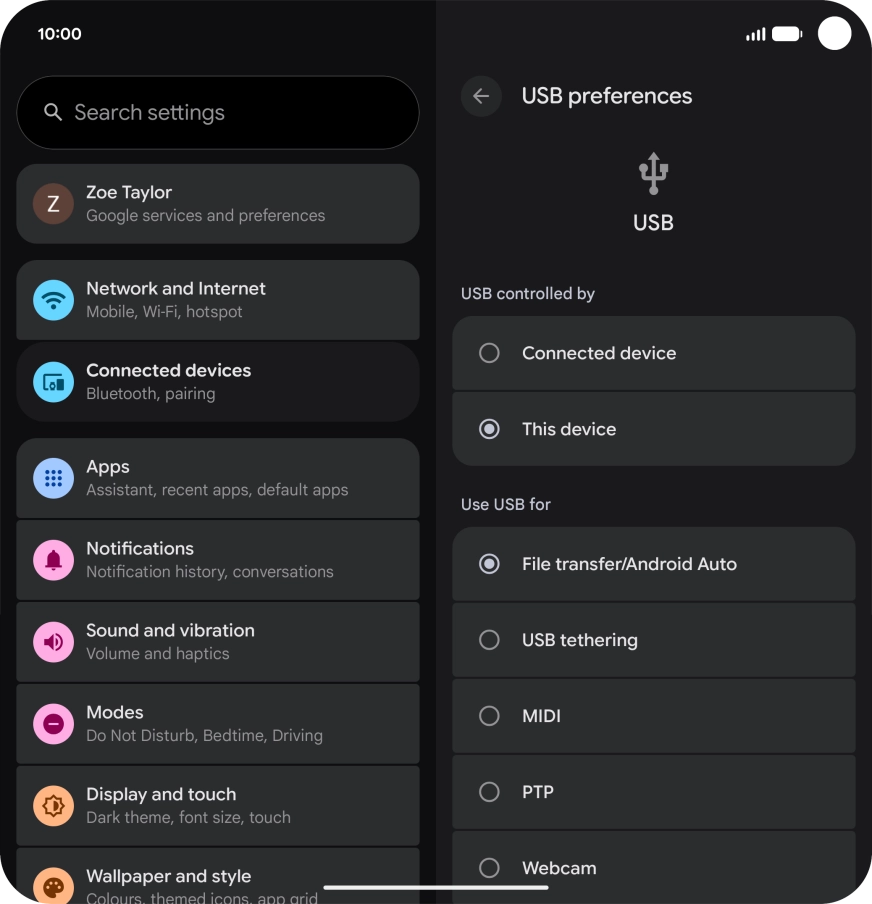 Press File transfer/Android Auto.