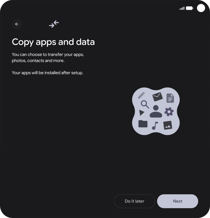 When this screen is displayed, your phone is ready to restore content from a Google One backup.