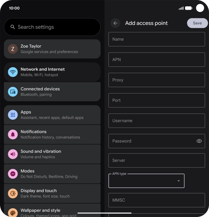 Press Name and key in Vodafone Internet.