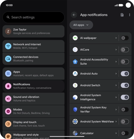 Press the indicator next to the required apps to turn the function on or off.