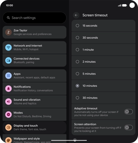 Press the required setting.