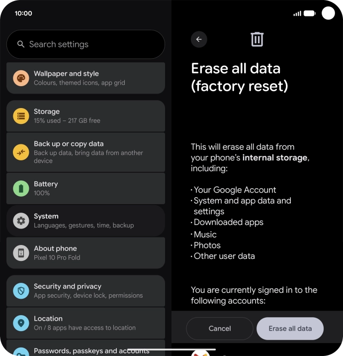Press Erase all data.