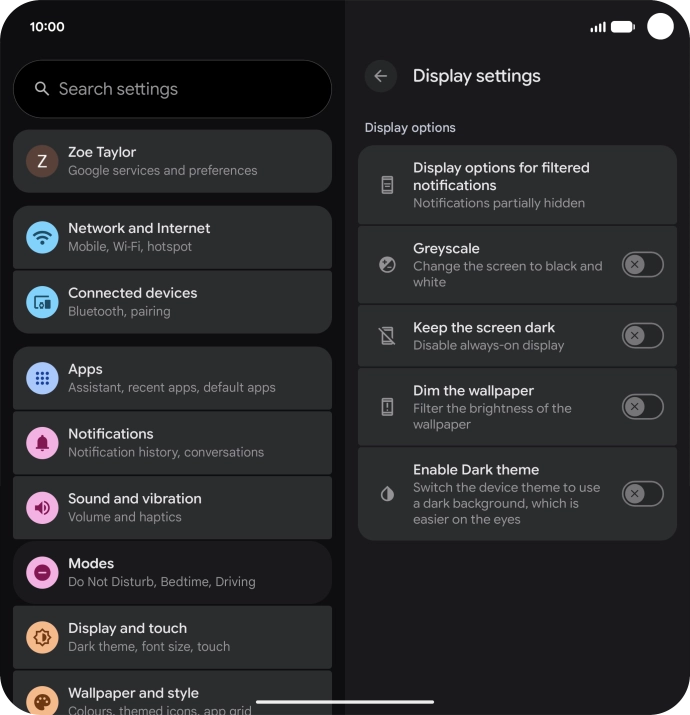 Press the required setting to turn display of the selected notification types on or off.