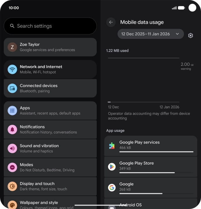 The data usage for each application is displayed below the name of the application.