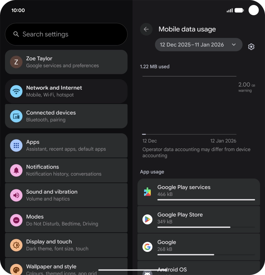 The data usage for each application is displayed below the name of the application.