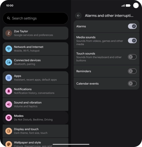 Press the required settings to turn sound and vibration for the selected functions on or off.