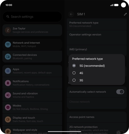 Press the required network mode.
