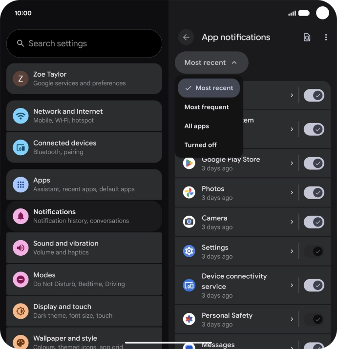 Press the required setting.