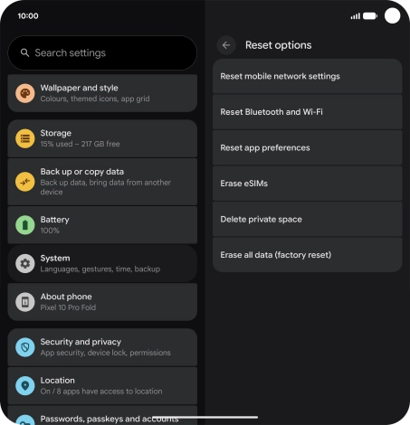 Press Erase all data (factory reset).