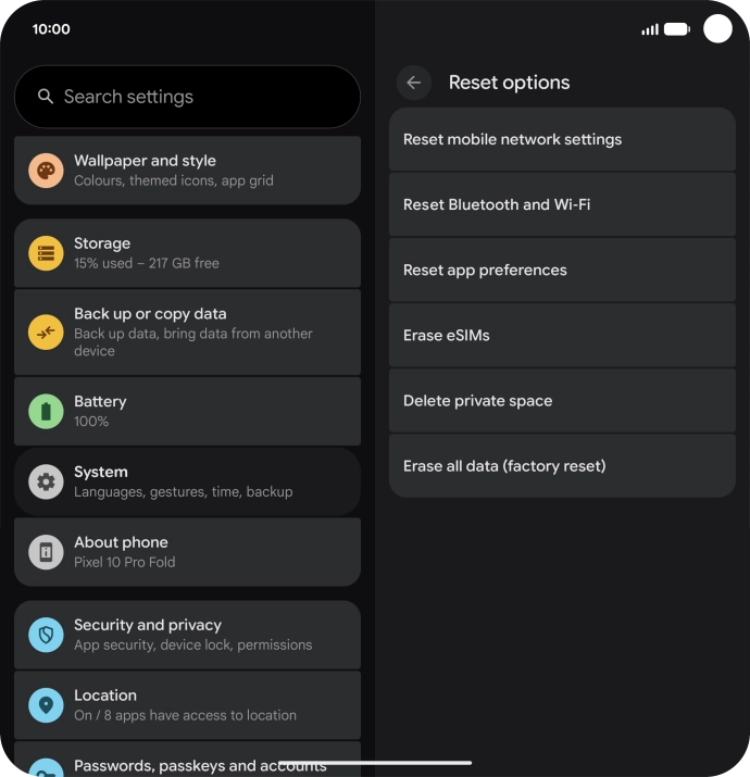 Press Erase all data (factory reset).