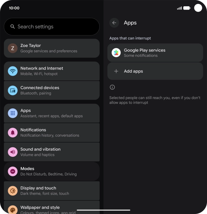 Press Add apps and follow the instructions on the screen to select which apps you would like to receive notifications from when Do Not Disturb is turned on.