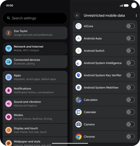 Press the indicators next to the required apps to turn the function on or off. Press the indicators next to the required apps to turn the function on or off.