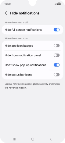 Press the indicators next to the required settings to turn display of the selected notification types on or off.