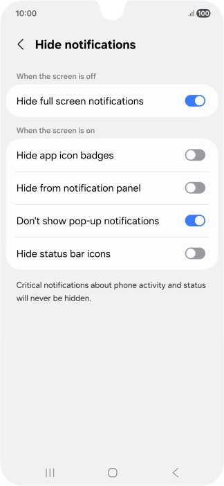 Press the indicators next to the required settings to turn display of the selected notification types on or off.