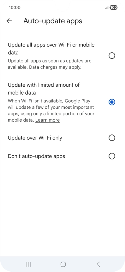 To turn on automatic update of apps using mobile network, press Update all apps over Wi-Fi or mobile data.