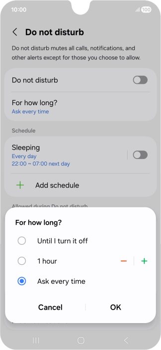 Press the required setting.