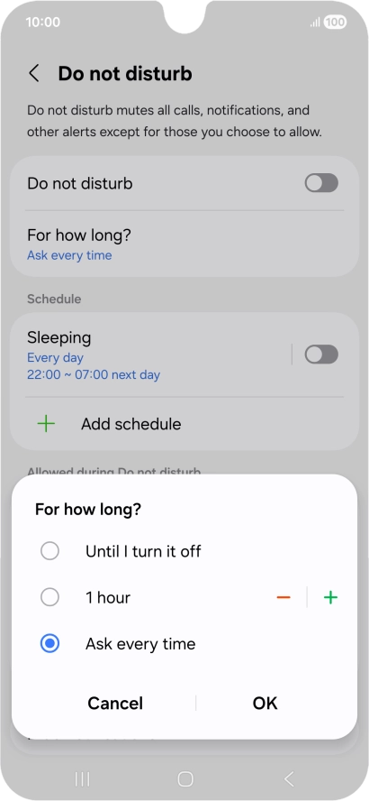 Press the required setting.
