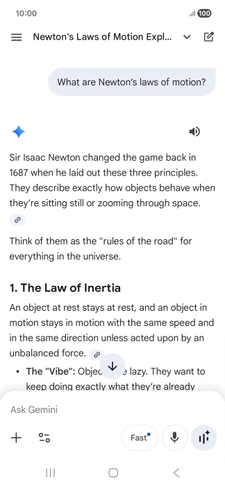 Transcription of the conversation with Gemini Live is now displayed.