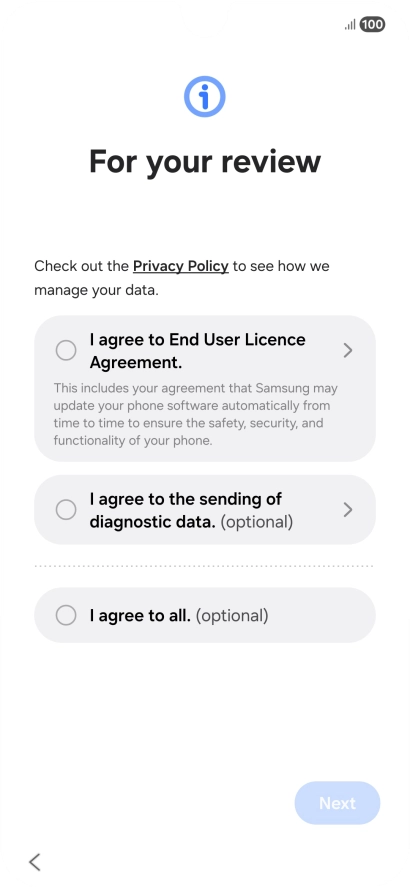 Press the fields next to the required settings to select them.