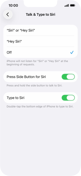 Press the required setting to turn the function on or off. If you turn on the function, you need to follow the instructions on the screen to set up Siri to recognise your voice. Press the required setting to turn the function on or off. If you turn on the function, you need to follow the instructions on the screen to set up Siri to recognise your voice.