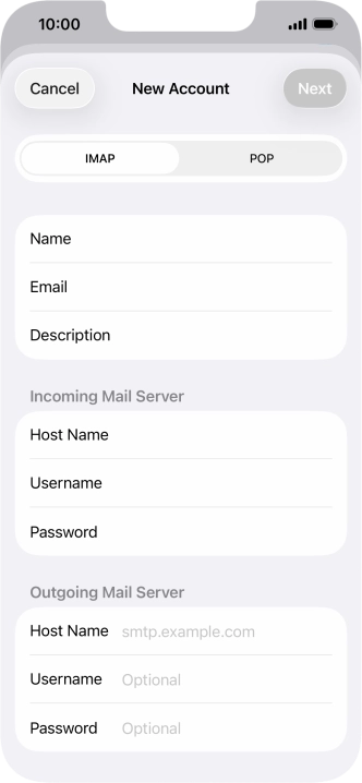 Press Host Name and key in the name of your email provider's outgoing server. Please note that if you can't send email messages when using your email provider's outgoing server, key in smtp.vodafone.net.au (Vodafone's outgoing server).