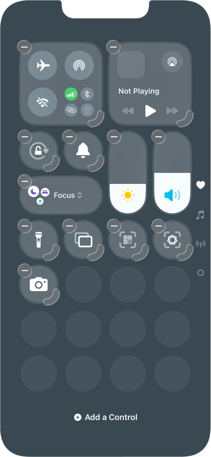 Press Add a Control and follow the instructions on the screen to add the required function to Control Centre.