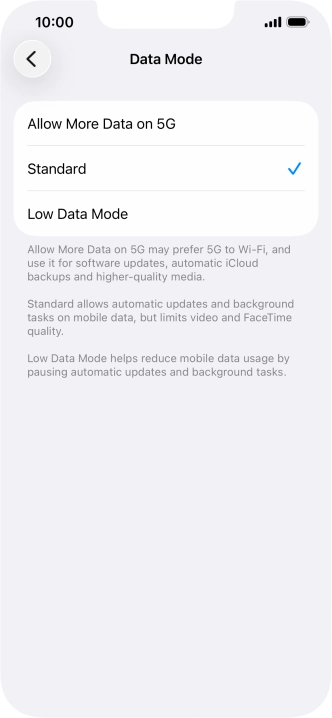 Press the required setting.