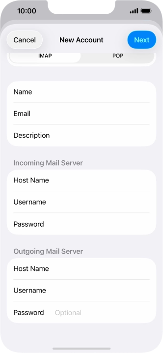 Press Password and key in the password for your email account. Please note that if you're using Vodafone's outgoing server, leave the password field empty.
