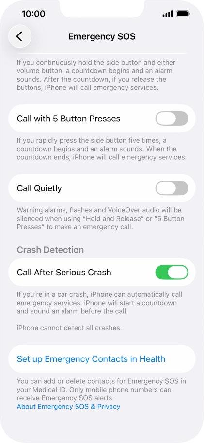 Press Set up Emergency Contacts in Health and follow the instructions on the screen to key in your emergency info and emergency contacts.
