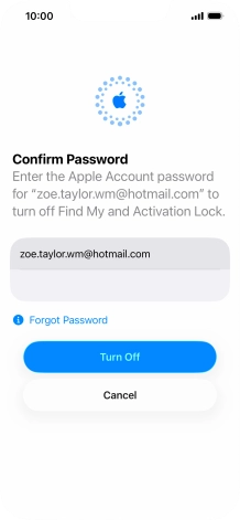 Key in the password for your Apple Account and press Turn Off. Wait a moment while the factory default settings are restored. Follow the instructions on the screen to set up your phone and prepare it for use.
