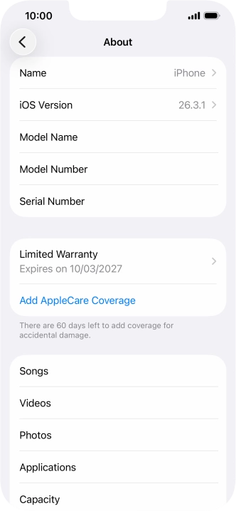 Your phone's software version is displayed next to iOS Version. Your phone's software version is displayed next to iOS Version.