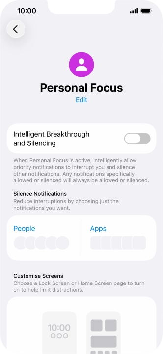 Press People and follow the instructions on the screen to select which contacts you would like to receive calls and notifications from when the selected focus mode is active. Press People and follow the instructions on the screen to select which contacts you would like to receive calls and notifications from when the selected focus mode is active.