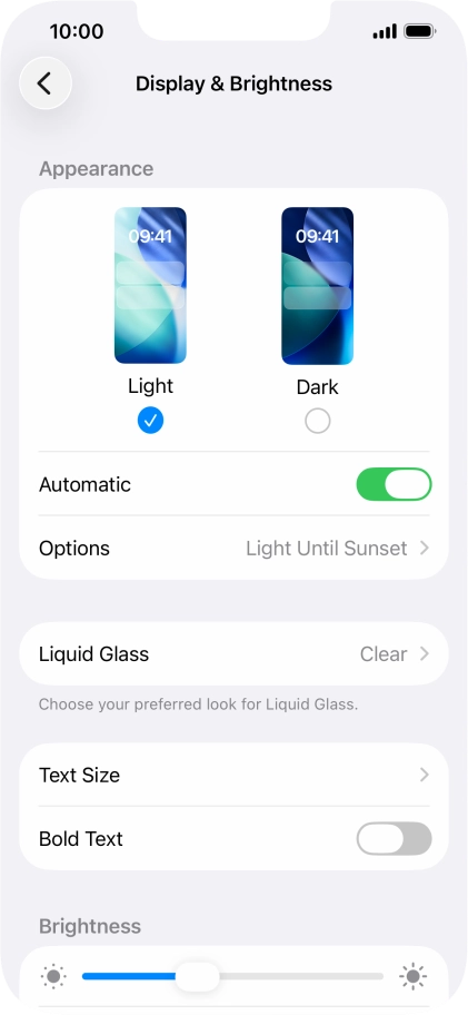 If you turn on the function, press Options and follow the instructions on the screen to select the required period of time for Dark Mode.