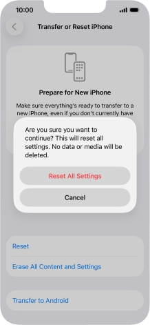 Press Reset All Settings. Wait a moment while the factory default settings are restored. Follow the instructions on the screen to set up your phone and prepare it for use.
