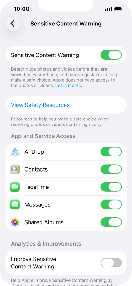 Press the indicators next to the required applications to turn the function on or off.