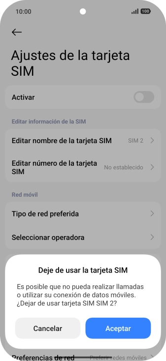 Si desactivas el uso de la línea móvil (SIM), debes pulsar Aceptar.